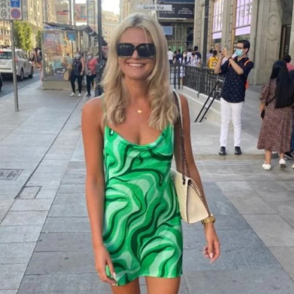 Zara Blogger Favourite Satin Swirl Slip Cowl  Neck Mini Dress Green Sz Medium - Picture 2 of 14